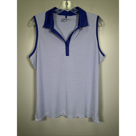 Nike Golf Polo Women’s XL Dri Fit Striped Sleeveless Blue Top Button Front - Picture 1 of 6